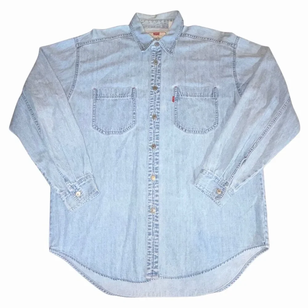 Vintage 90s Levis Denim Button Down Shirt Light Wash Large Long Sleeve Red Tab